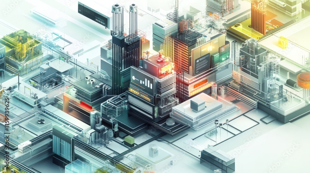 Aufkleber Abstract representation of a futuristic cityscape with intricate technology, vibrant lights, and interconnected structures showcasing modern architectural design and innovation.
