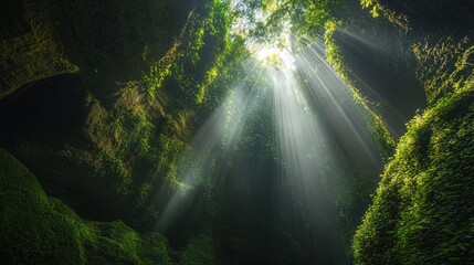 Sunbeams illuminating a lush, moss-covered cave.