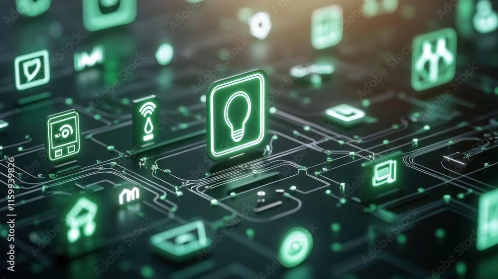 Poster Futuristic Digital Interface with Green Icons Representing Smart Technology, Innovation, Connectivity, and Automation in Modern Digital Environments