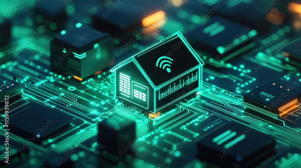 Poster futuristic smart home concept with connected devices represented by a digital house icon on a circui
