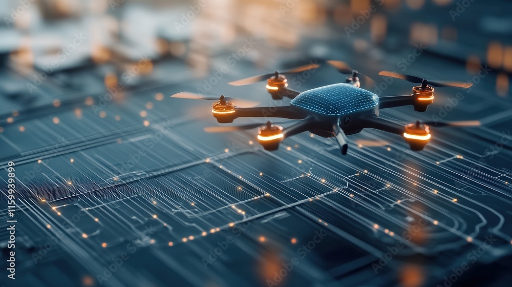 Aufkleber High-Tech Drone Hovering Over Circuit Board Layout with Advanced Digital Technology Background, Representing Modern Innovation and Connectivity in Aerial Solutions