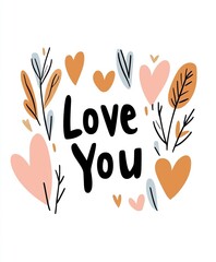 Fototapeta premium Floral illustration with 'Love You' text and decorative leaves