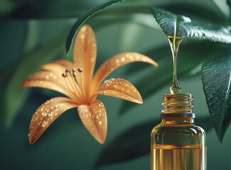 Orange lily flower with essential oil dripping into a bottle.