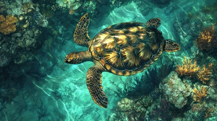 Obraz premium Sea turtle swimming in vibrant coral reef.