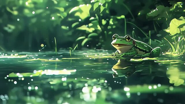 A serene, green frog peacefully resting by a tranquil pond.