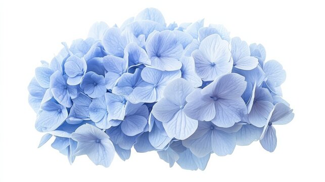 A detailed shot of a soft blue hydrangea with its rounded, compact blooms and gentle color, isolated white background