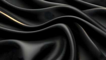 Fototapeta premium Luxurious black silk fabric with subtle gold highlights, elegantly draped and flowing. Perfect for fashion, beauty, or luxury product backgrounds.