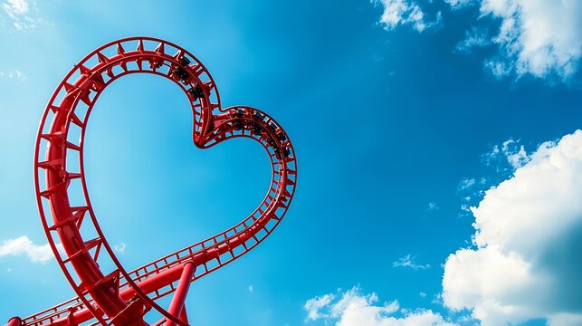 A vibrant red roller coaster in the shape of a heart against a bright blue sky, symbolizing fun and excitement at amusement parks.