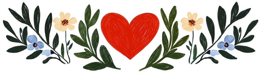 A vibrant illustration featuring a red heart surrounded by colorful flowers and green leaves, perfect for expressing love and affection.