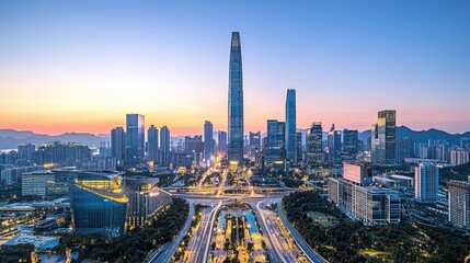 Obraz premium Stunning sunrise cityscape panorama with skyscrapers and highways.