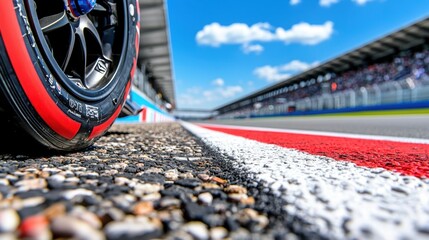 Close-up of race car tire on track.
