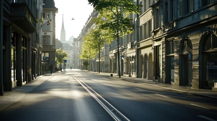 Empty city street at sunrise, sunlit buildings, calm morning.