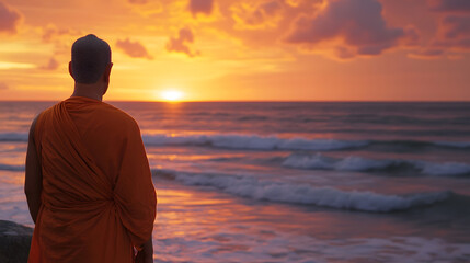 Contemplative Monk in Orange Robe Watching Ocean Sunset with Vibrant Sky : Generative AI