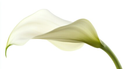 A detailed shot of a soft greenish-white calla lily with its sleek, trumpet-shaped petals and subtle color, isolated white background
