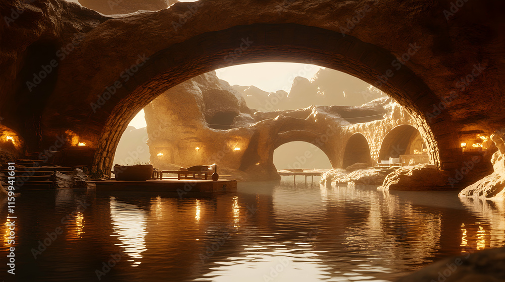 Poster enchanting subterranean lake nestled within a mystical cave system, illuminated by warm light. tranq