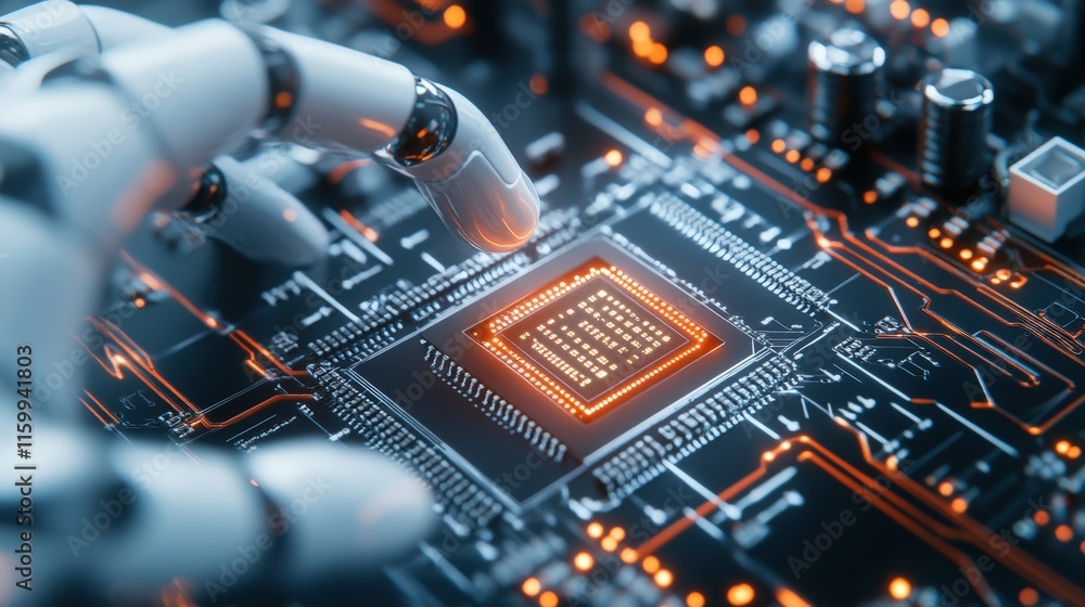Poster Futuristic robotic hand interacting with a glowing microchip on an intricate circuit board design, showcasing advanced technology and innovation in electronics and computing.