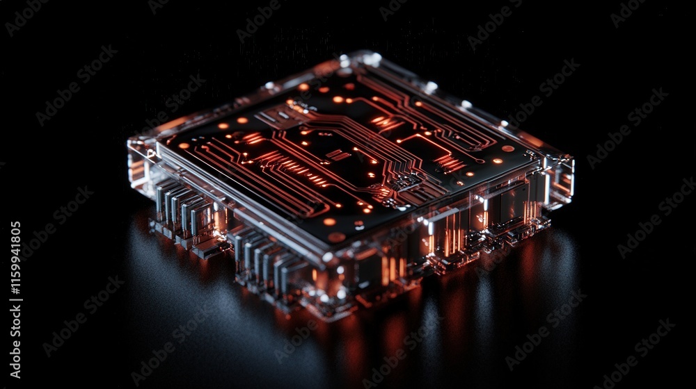 Fototapete Futuristic Microchip with Glowing Circuitry on a Dark Background Showcasing Advanced Technology and Innovation in Electronics Design and Development
