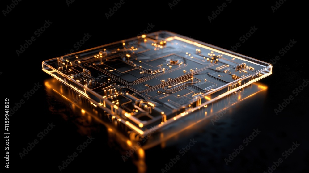 Leinwandbilder Futuristic Circuit Board Design with Glowing Elements and Transparent Layer on Dark Background Representing Advanced Technology and Innovation