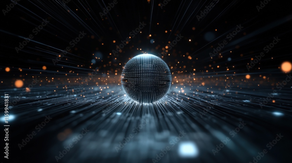 Fototapete Abstract digital background featuring a glowing sphere amidst vibrant light rays and sparkling particles, conveying a sense of depth and futuristic technology