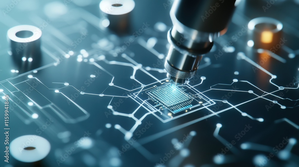 Poster Close-Up of Microprocessor Being Inspected with Precision Tools on a Modern Circuit Board, Showcasing Technology and Innovation in Electronics Manufacturing