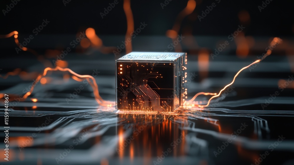 Poster Futuristic Technology Concept Featuring a Glowing Microprocessor Surrounded by Electric Sparks and Circuit Patterns Ideal for Innovation and Digital Advancement Themes