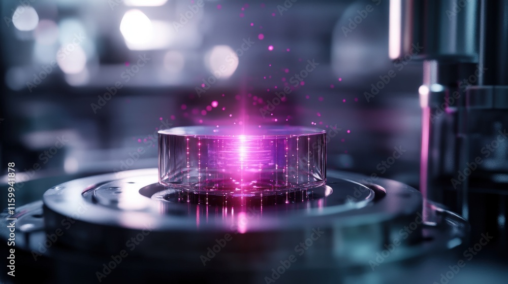 Poster high-tech lab scene featuring a pixellated glass slide with a vibrant purple glow surrounded by adva