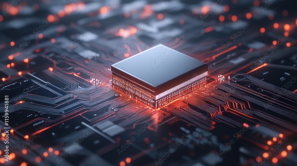 Poster Futuristic Microprocessor Chip Surrounded by Glowing Circuits and Neon Lighting, Conceptual Representation of Advanced Technology and Modern Computing Systems