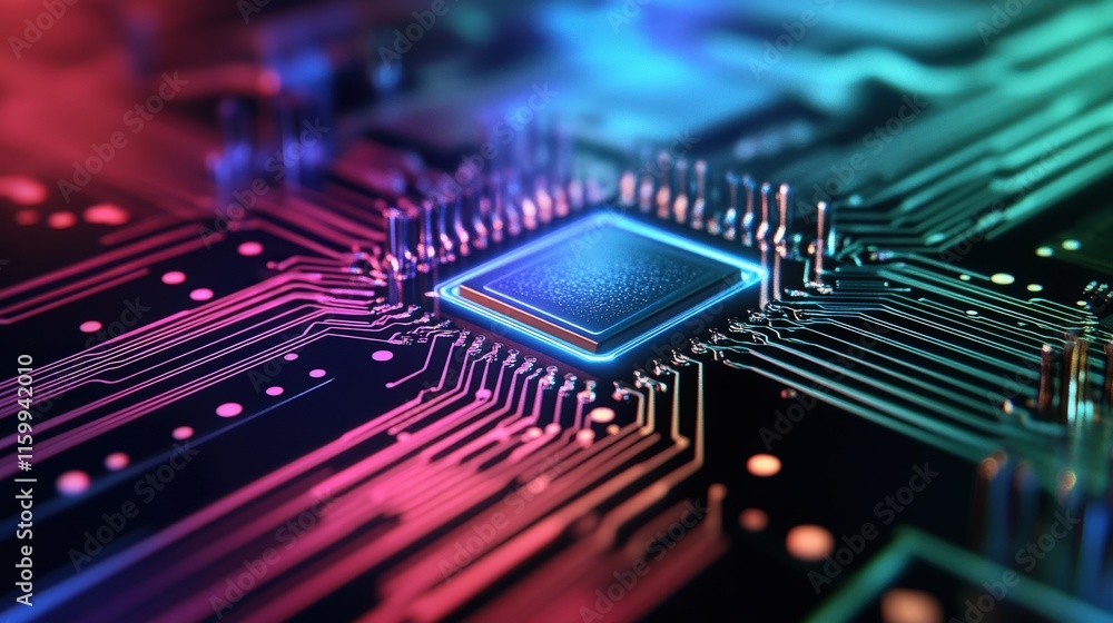 Poster Abstract Close-up of a Colorful Microchip on a Circuit Board with Neon Lights and Electronic Components Displaying Modern Technology and Innovation