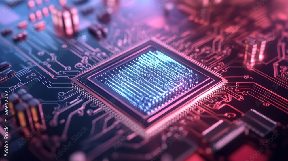 Poster High-Resolution Image of a Modern Microprocessor on a Circuit Board Showcasing Intricate Details and Colorful Elements in a Futuristic Tech Environment