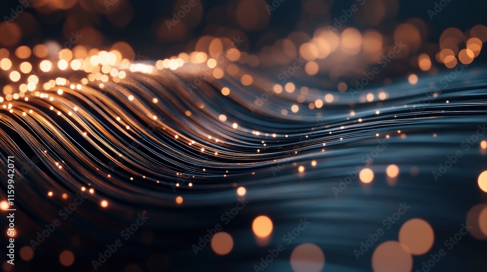 Poster Abstract flow of shimmering waves with glowing particles creating a mesmerizing visual effect in a dark background depicting elegance and modern design aesthetics