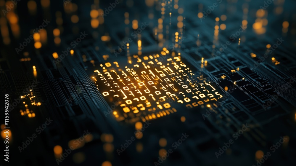 Aufkleber Abstract Digital Circuit Board with Glowing Yellow Lights and Binary Code Patterns, Representing Technology, Innovation, and Data Analysis in a Futuristic Environment