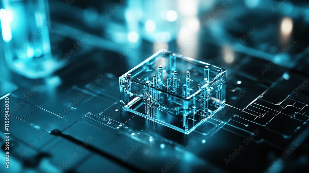 Aufkleber Futuristic Transparent Microchip on a Circuit Board with Glowing Elements, Representing Advanced Technology and Innovation in Electronics Design