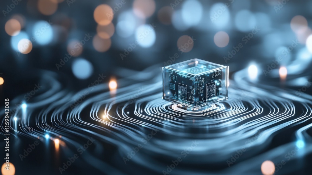 Leinwandbilder Futuristic Technology Concept Featuring a Transparent Cube Surrounded by Abstract Light Waves and Digital Patterns in a Dark Environment