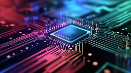 Abstract Close-up of a Colorful Microchip on a Circuit Board with Neon Lights and Electronic Components Displaying Modern Technology and Innovation
