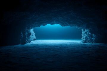 Mysterious underwater cave entrance, dark blue water,  ocean floor, rocky cavern, light illuminating depths.