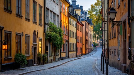 Fototapeta premium Charming cobblestone street with colorful buildings in old town.