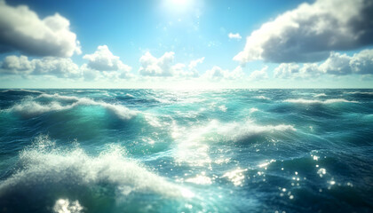 Fototapeta premium Stunning ocean waves under a bright sunny sky with fluffy white clouds. Perfect for travel, nature, or serenity themes.