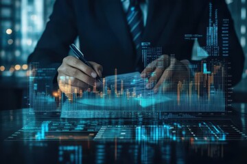 Businessman signing document with financial data overlay.