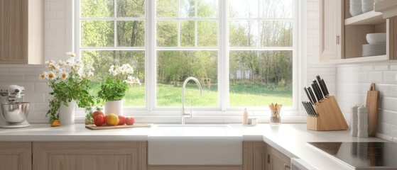 Bright kitchen with white counters by window