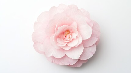 Fototapeta premium A detailed shot of a soft pink camellia with its smooth, rounded petals and gentle color, isolated white background