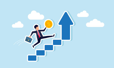 Fototapeta premium Businessman carrying a dollar coin running up ascending stairs, illustration of progress in boosting income, profit, and revenue
