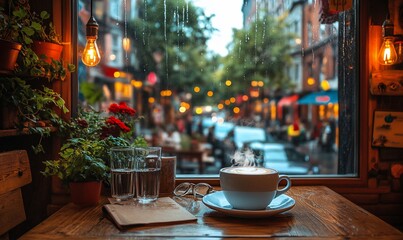 Fototapeta premium Cozy cafe scene with steaming cappuccino, rain, city view.