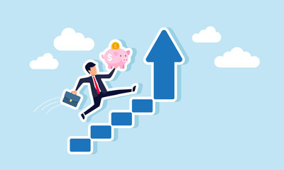 Businessman carrying a piggy bank running up ascending stairs, illustration of progress in increasing the amount of investment assets