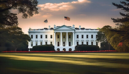 Obraz premium american white house realstic image with flag and beautiful sky