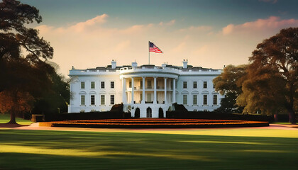 Naklejka premium american white house realstic image with flag and beautiful sky