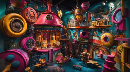 Colorful interior of a whimsical underwater-themed space.