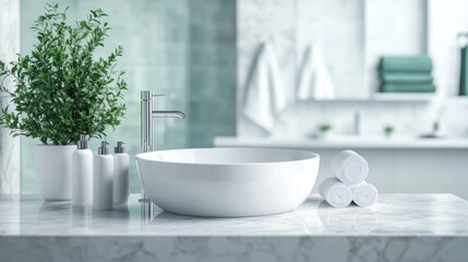 Fototapeta premium White bathroom interior. Empty marble table top for product display with blurred bathroom interior background