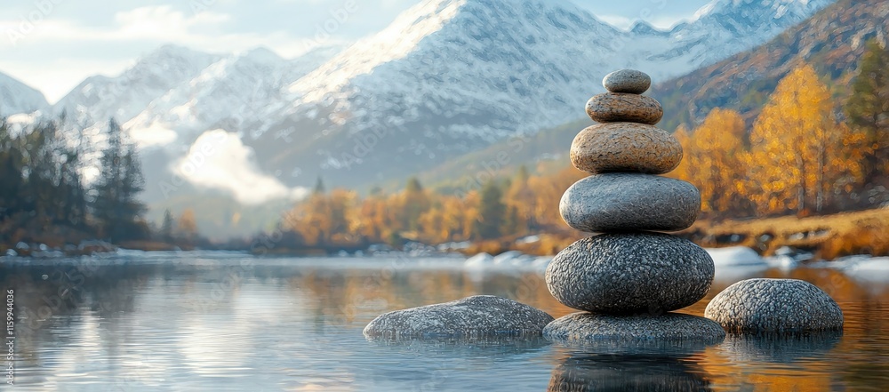 Poster a serene stack of stones on a calm river with mountains and autumn trees in the background.