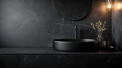 Black bathroom interior design, black washbasin and faucet on black marble counter in modern luxury minimal washroom