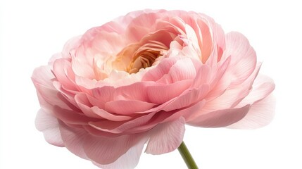 A detailed shot of a soft pink ranunculus with its layered, delicate petals and warm color, isolated white background